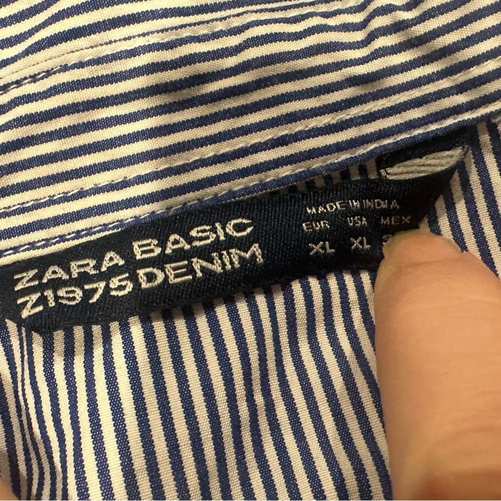 EUC! Zara Basic Demin XL Floral Embroudery Striped Blue Blouse - Picture 3 of 4